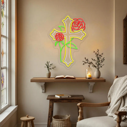 Cross with Rose Flowers Neon Sign, Jesus Neon Sign, Cross Neon Decor , Religious Neon Sign, Cross Jesus Home Decoration