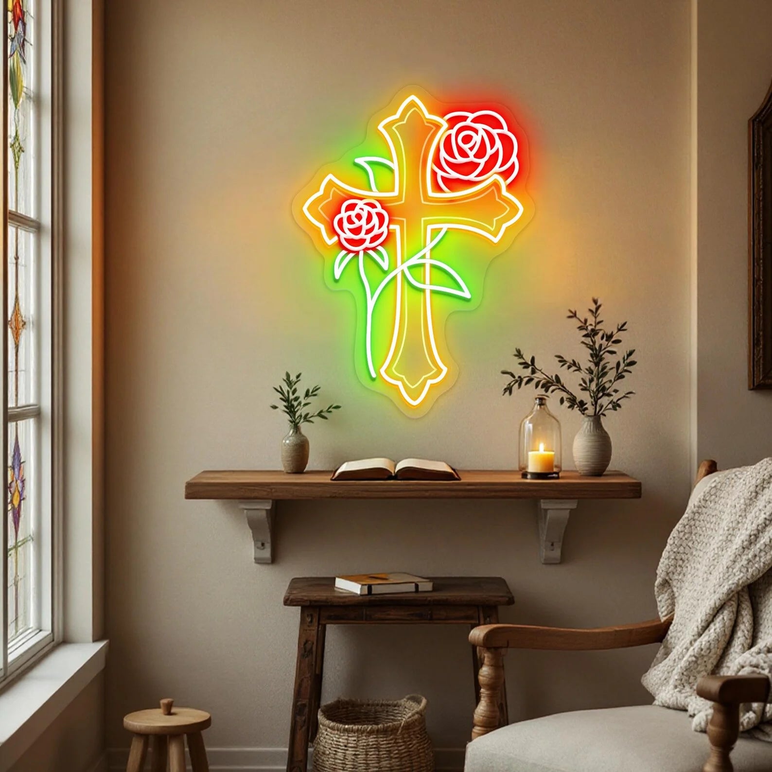 Cross with Rose Flowers Neon Sign, Jesus Neon Sign, Cross Neon Decor , Religious Neon Sign, Cross Jesus Home Decoration