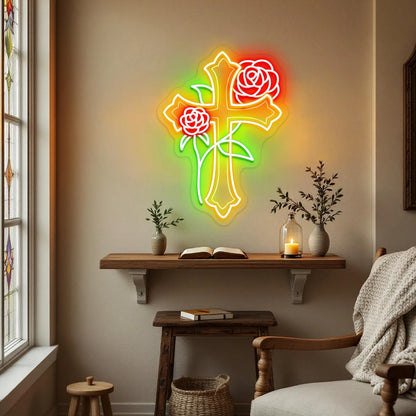 Cross with Rose Flowers Neon Sign, Jesus Neon Sign, Cross Neon Decor , Religious Neon Sign, Cross Jesus Home Decoration