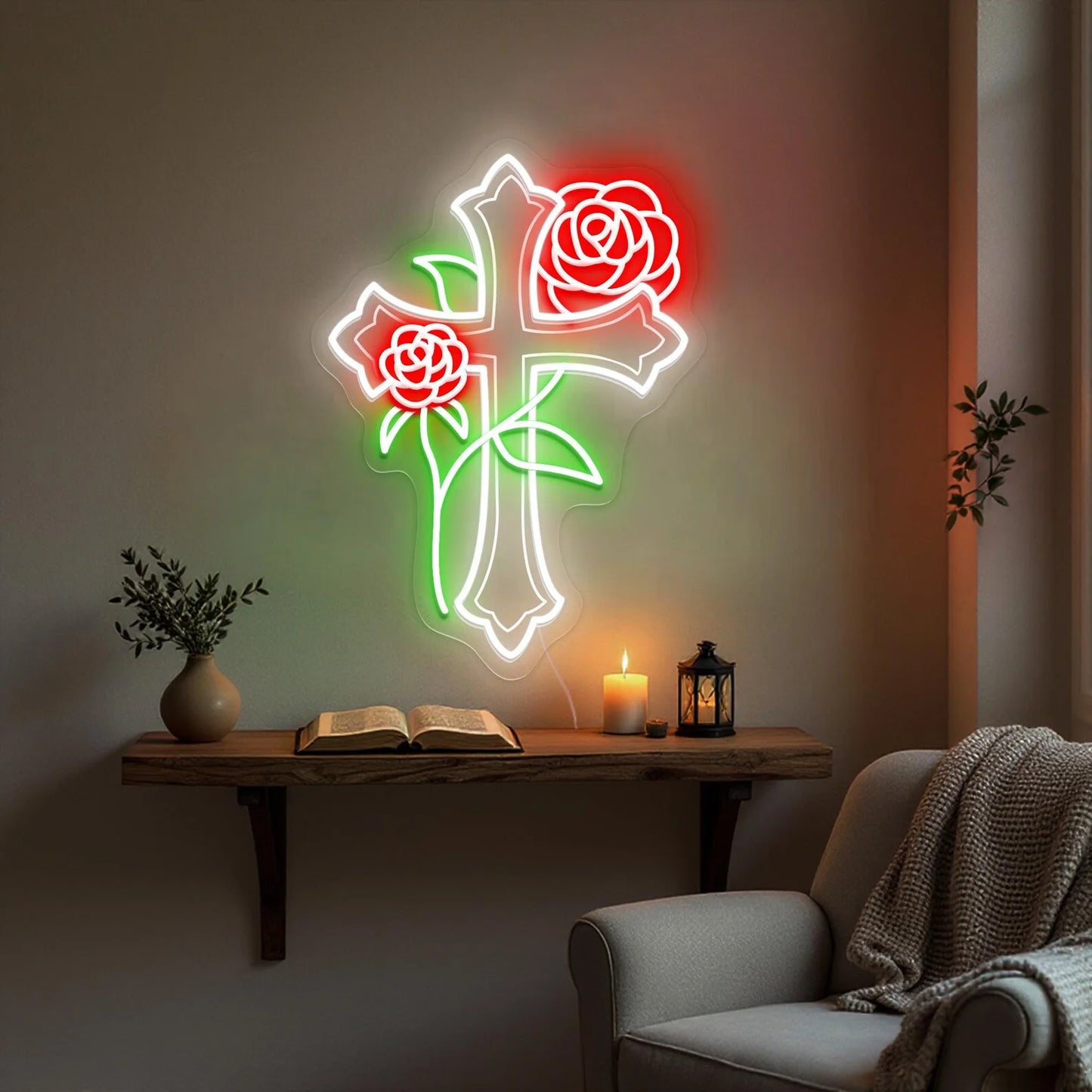 Cross with Rose Flowers Neon Sign, Jesus Neon Sign, Cross Neon Decor , Religious Neon Sign, Cross Jesus Home Decoration