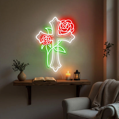 Cross with Rose Flowers Neon Sign, Jesus Neon Sign, Cross Neon Decor , Religious Neon Sign, Cross Jesus Home Decoration